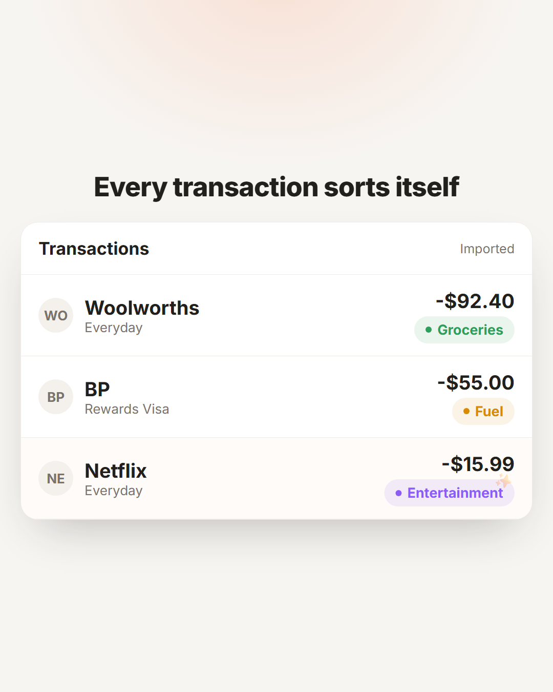Transactions auto-categorising, then the AI assistant answering a question