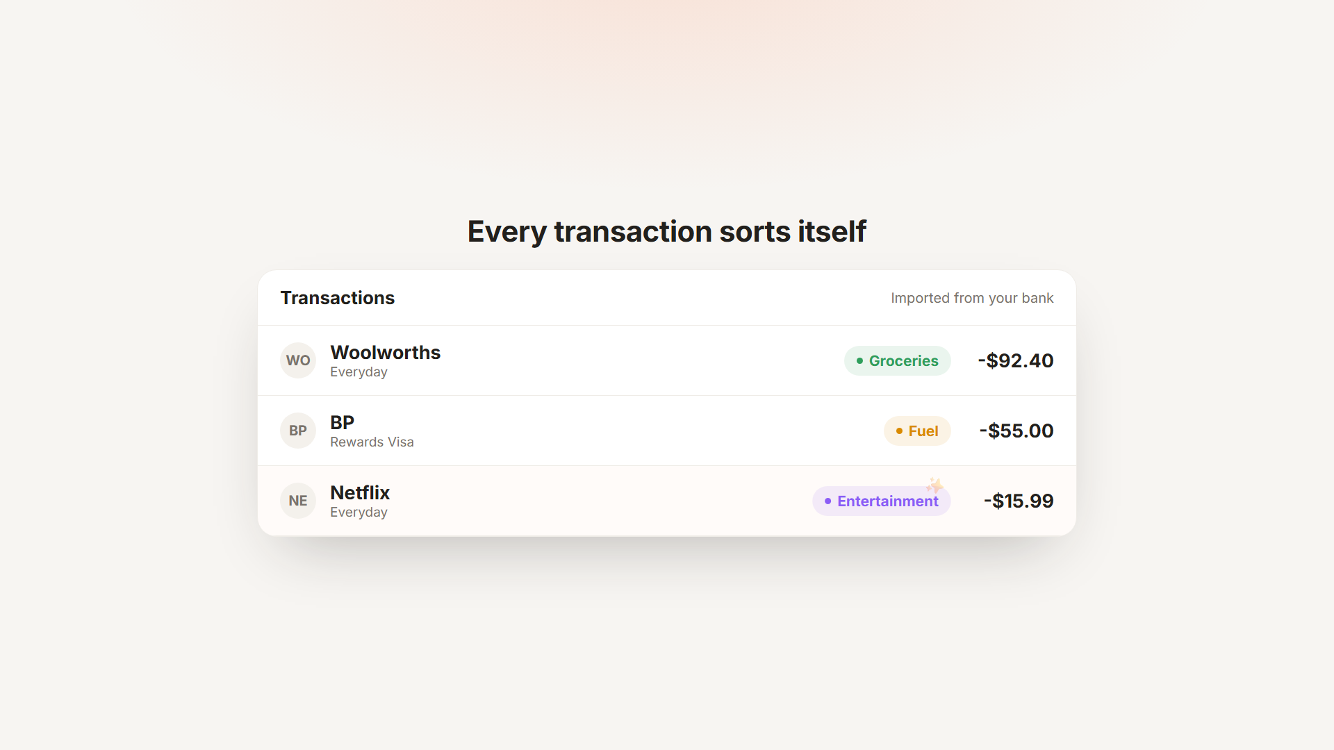 Transactions auto-categorising, then the AI assistant answering a question