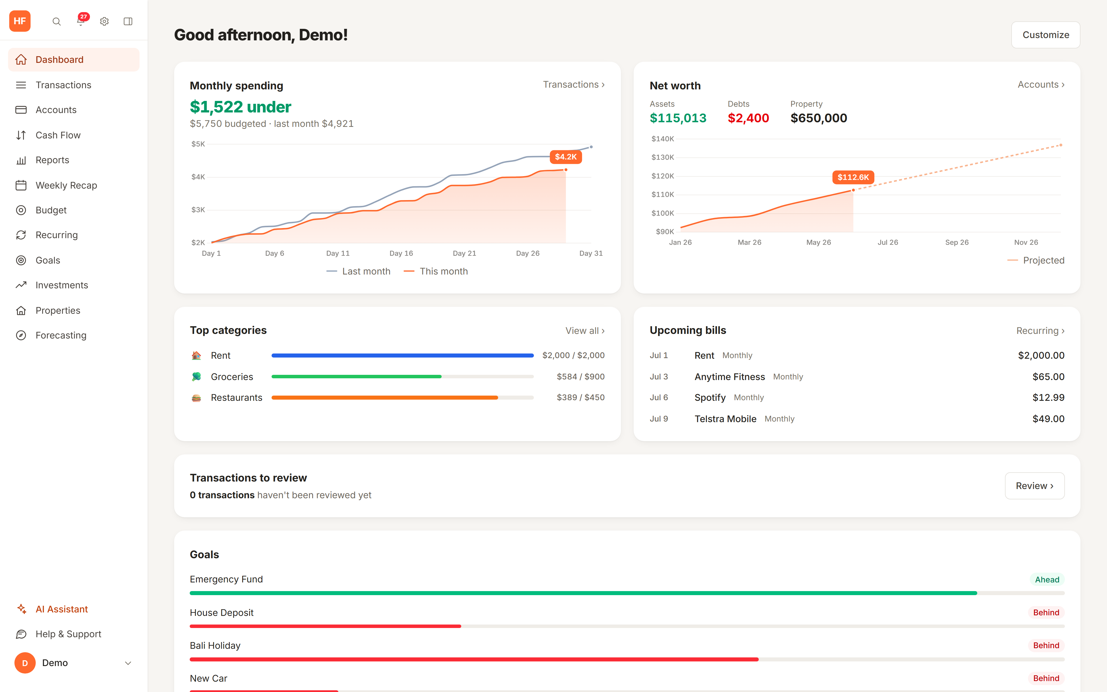 The Hollis Finance dashboard showing net worth, monthly spending and budgets